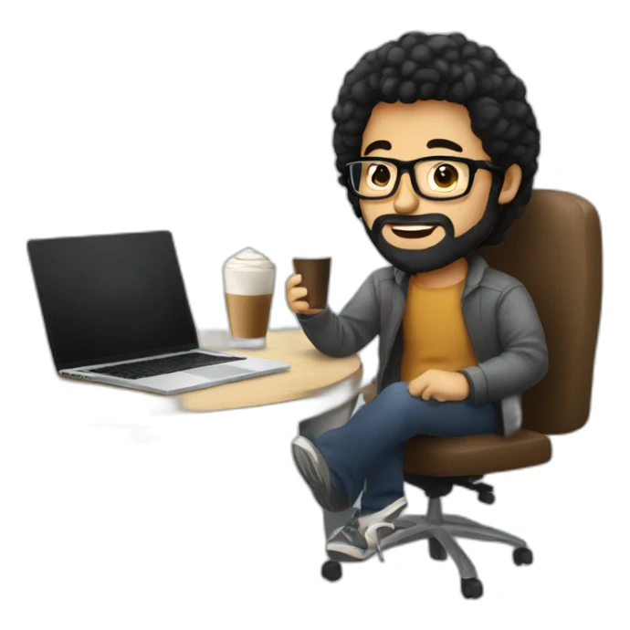 Designer with black hair, beard and glasses working with MacBook and drinking cappuccino  sticker