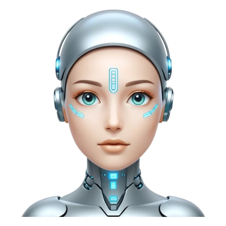 Futuristic human with metallic cybernetic enhancements, digital interface on face, holographic display sticker