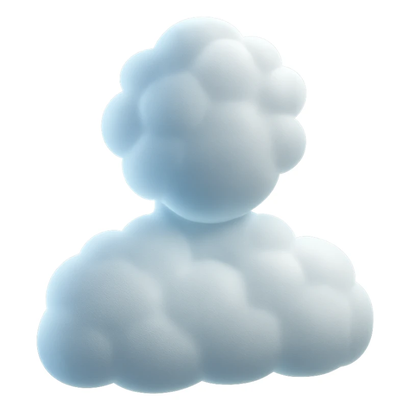 front-facing person composed entirely of white fluffy convex clouds, shoulders visible, matte glass style sticker