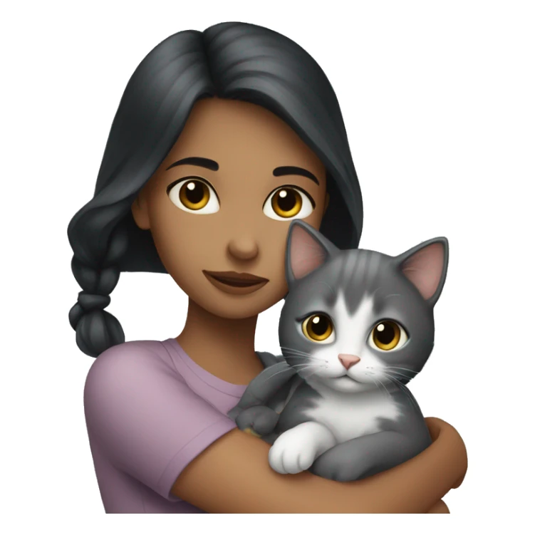 girl with dark hair hugs grey kitten sticker