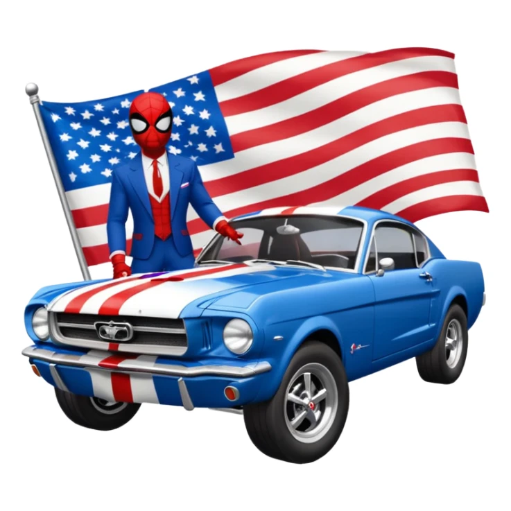 Spider-Man driving a 65 Mustang fastback that’s color the American flag sticker