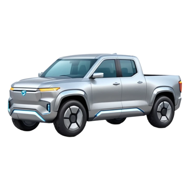 A futuristic electric pickup truck emoji, silver chrome body, angular cyber design, smooth metallic panels, subtle reflections, minimalistic proportions, iOS emoji style, centered composition, clean white background, soft lighting sticker
