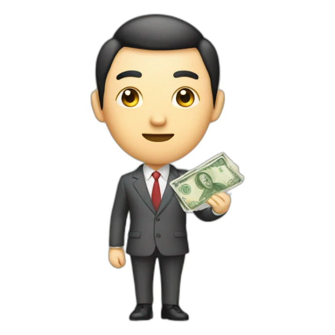 Draw a Chinese character, full body, wearing suits, holding 100 CNY bill sticker