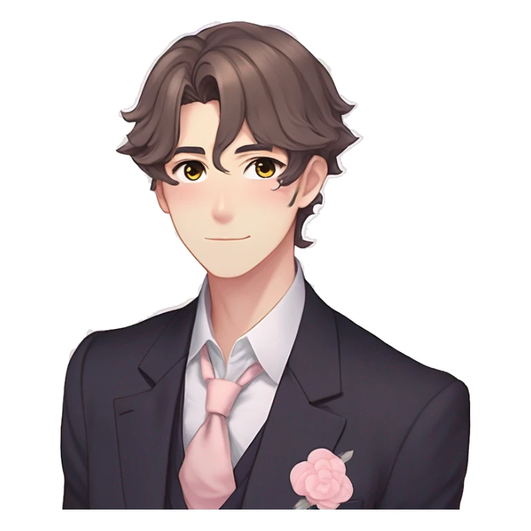 Gorgeous romantic hot attractive anime style formal modern gentlemanly anime shojo guy with pretty hair and flower petals and blushing face aesthetic trending style with colorful gradient colors  pastelcore cottagecore kawaiicore sticker