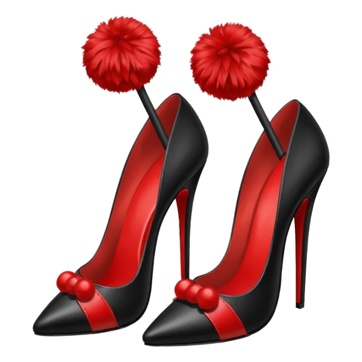 A pair of back high heels with a red Pom-pom sticker