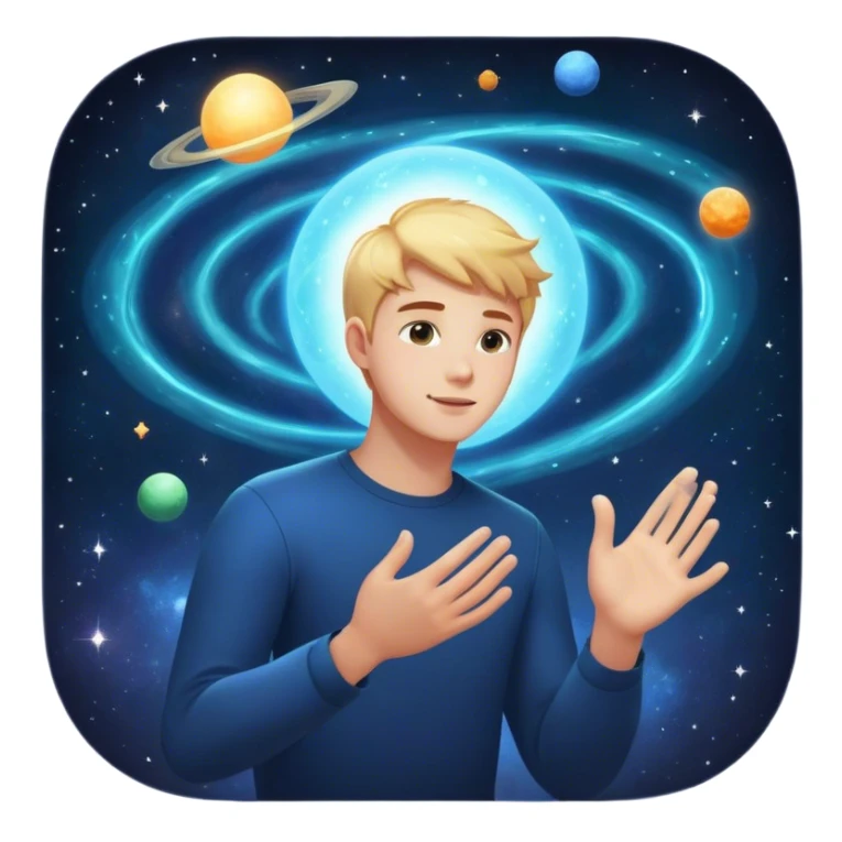 A young man floats in space, touching a particle that glows and expands, shaping the universe around him. Each touch creates new light, symbolizing how his choices build his own reality. sticker