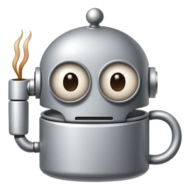 A sleepy robot with droopy eyes holding a coffee mug, looking exhausted sticker