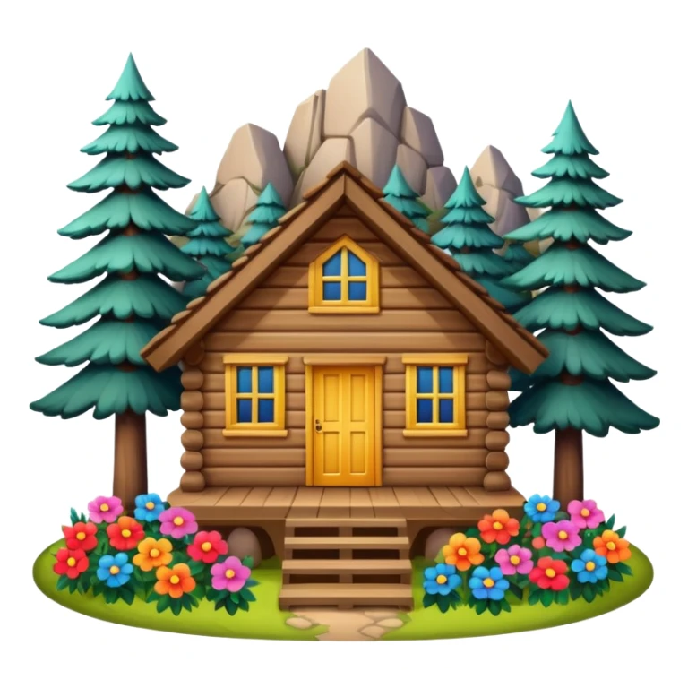 cabin in the woods, surrounded by pines, with flowers around sticker