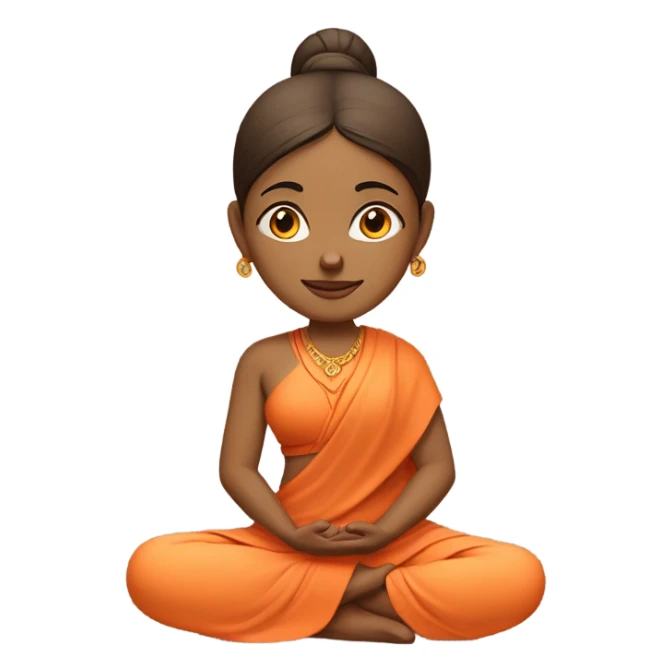 Indian female yogi with meditative expression.  sitting in a lotus position. She wears a sleeveless pastel-colored shirt paired with a flowing orange robe, symbolizing traditional yogic attire. A small red bindi adorns her forehead sticker