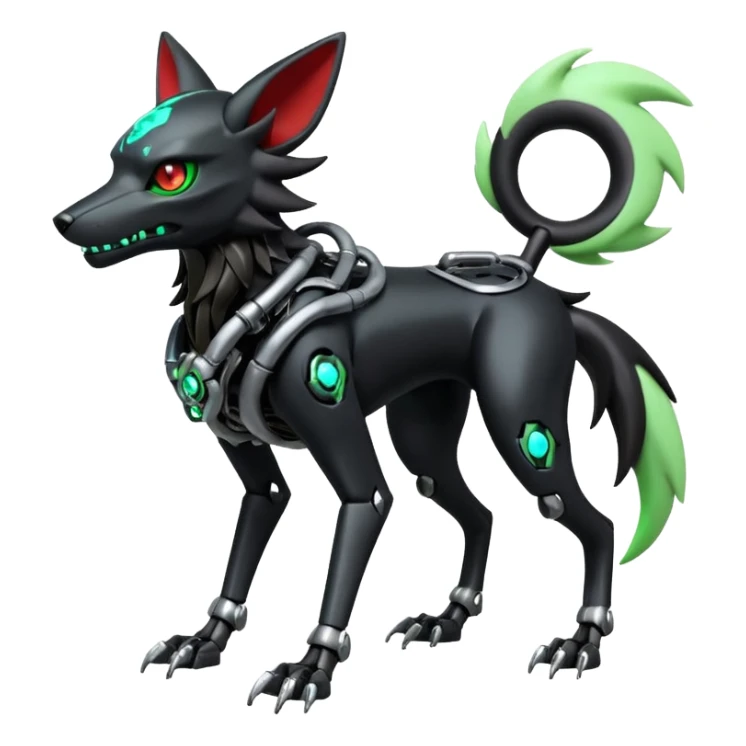 Hyper realistic skeletal black and neon green futuristic shiny colorful mechanical bioluminescent cyber-Cyborg-Poochyena-Lycanroc-Zorua-Litten-Houndoom-Fakémon-Pokémon-Digimon-hybrid-fusion (full body) with a skull face sticker