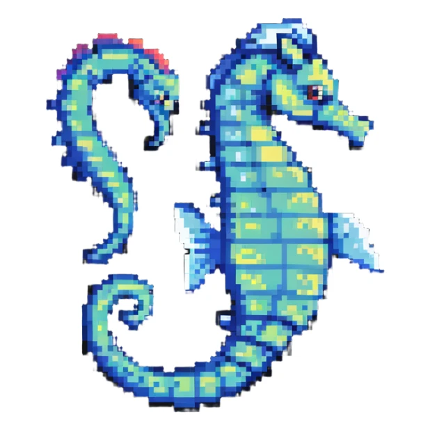 A colorful seahorse with detailed pixelated texture, aquatic creature sticker