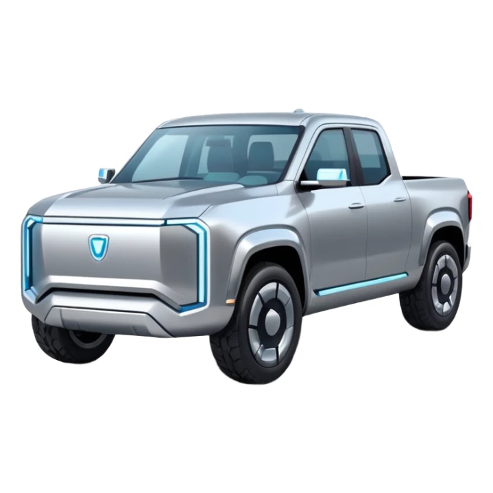 A futuristic electric pickup truck emoji, silver chrome body, angular cyber design, smooth metallic panels, subtle reflections, minimalistic proportions, iOS emoji style, centered composition, clean white background, soft lighting sticker