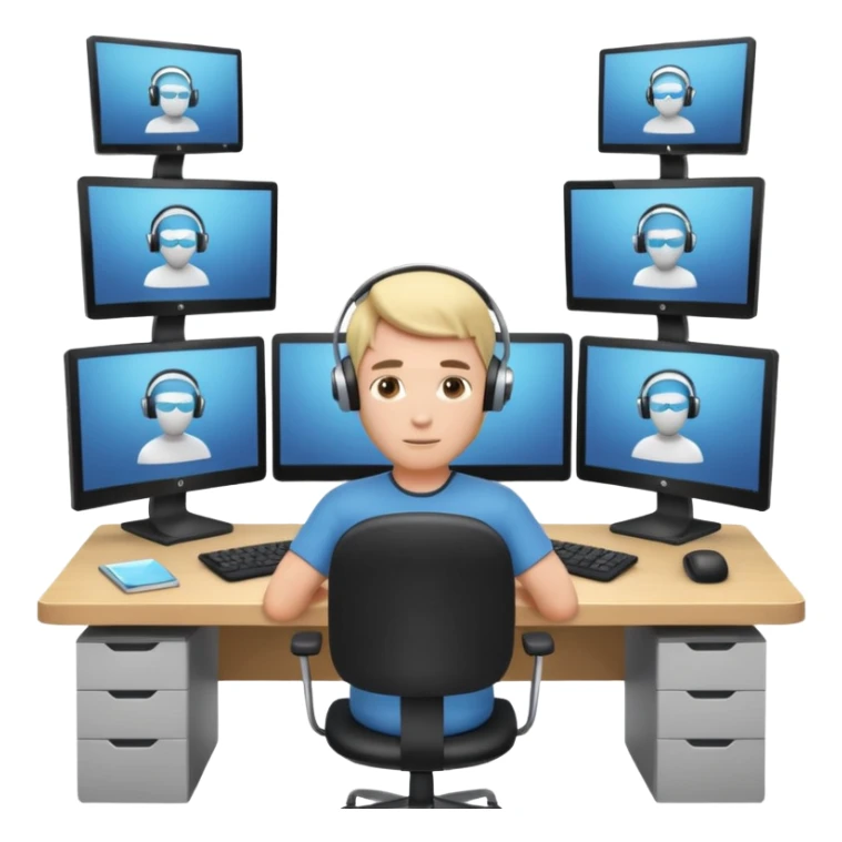 A stylized 3D avatar icon of a developer sitting at a desk, surrounded by three curved monitors floating around them. The screens show browser tabs, documentation, and code. sticker