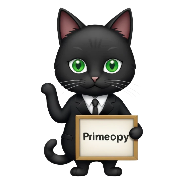 Cat in a black suit holding a sign with the inscription "PrimeCopy" sticker