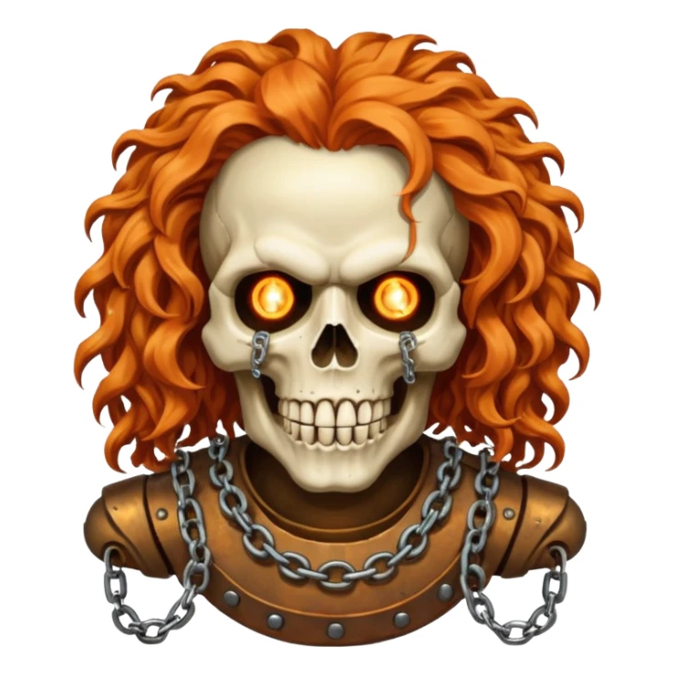 cinematic realistic steampunk Megadeth iconic skull mascot with a rusty chain in his teeth, huge curly orange hair sticker