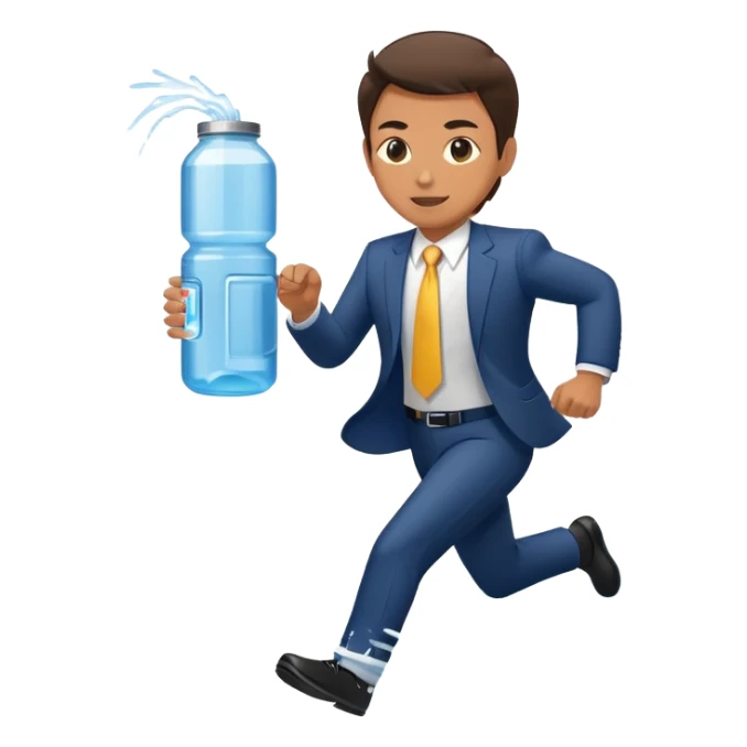 Business executive running marathon in suit next to water cooler sticker