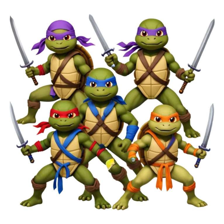 Vector emoji sticker of 4 Ninja Turtles: Leo (blue/swords), Raph (red/sais), Donnie (purple/staff), and Mikey (orange/nunchucks). Action poses, NYC rooftop, pizza box, bold comic style, white border. ONLY 4! sticker