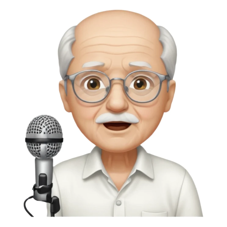 singer, Old man, singing to mic, white shirt glasses sticker