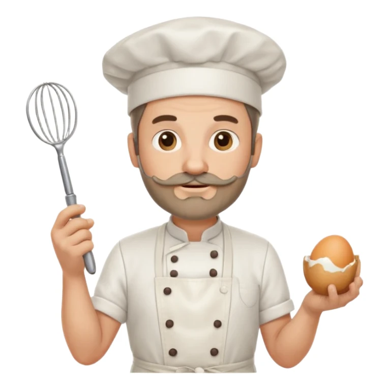 Middle aged male pastry chef - with a small beard, apron, white hat, holding an egg beater in one hand and naturally drooping in the other hand sticker