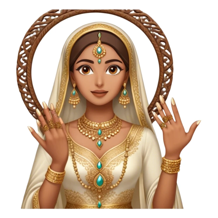 An Arab woman takes a mirror selfie, showcasing her beautifully adorned hands with intricate henna designs and long, elegant nails. She wears multiple gold rings that complement her shimmering golden traditional outfit. sticker
