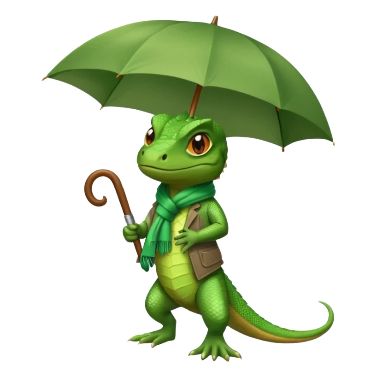 lizard wearing shoes and a scarf, holding an umbrella, grumpy expression sticker
