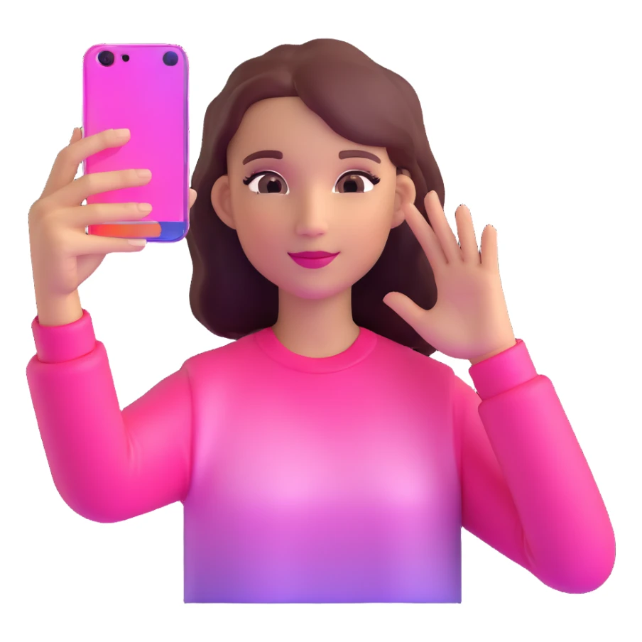 girl taking selfie, transparent glass with bright pink gradient from #FF335F to #FF99AA, highlights and reflections, minimalistic sticker