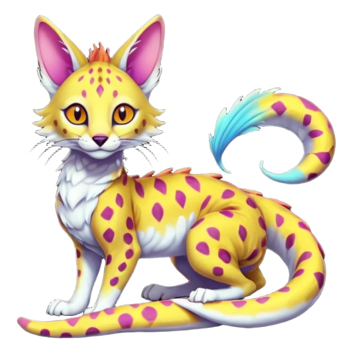 Realistic cute Flurry furry colorful tropical warm-colored bioluminescent translucent neon gloomy dusky scaly sergal-serval-possum-sphynx-Koi-sergal-fusion-animal-hybrid-creature with a snake-tail sticker