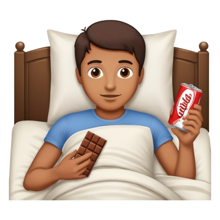 Man in bed drinking a can with chocolate in his hand  sticker