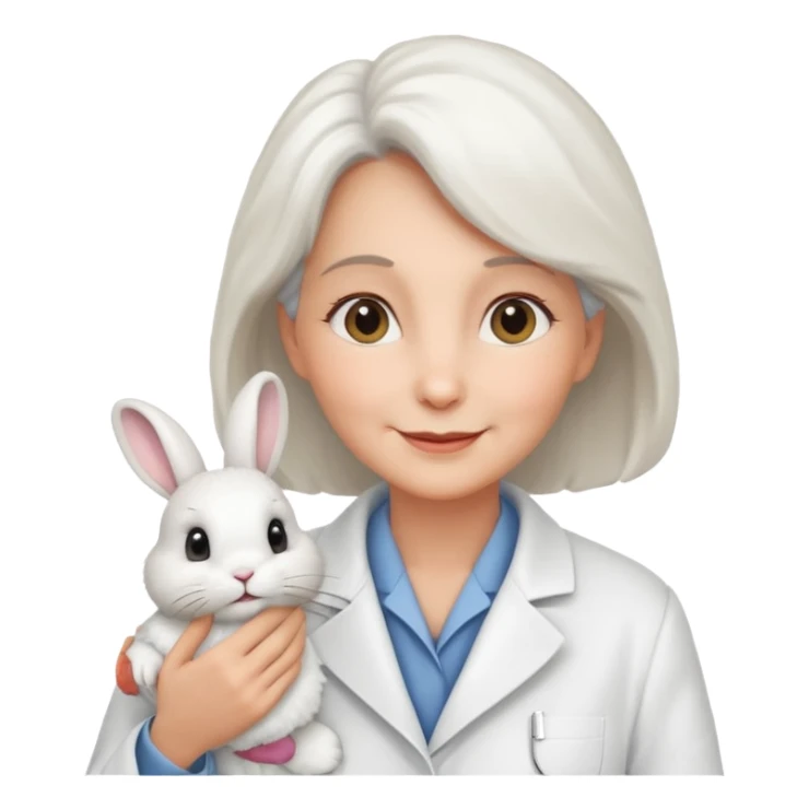 Older female vet – gentle smile, coat, checking rabbit  sticker