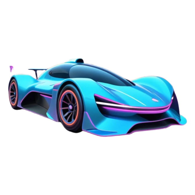 A futuristic racing car with glowing neon lights, sleek aerodynamic design, and a cyberpunk cityscape in the background. The car is speeding through a neon-lit street with high-tech buildings and holograms." sticker