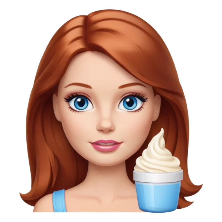 A Barbie face blue eyes with shoulder-length reddish brown hair, makeup with cream on face on her head sticker