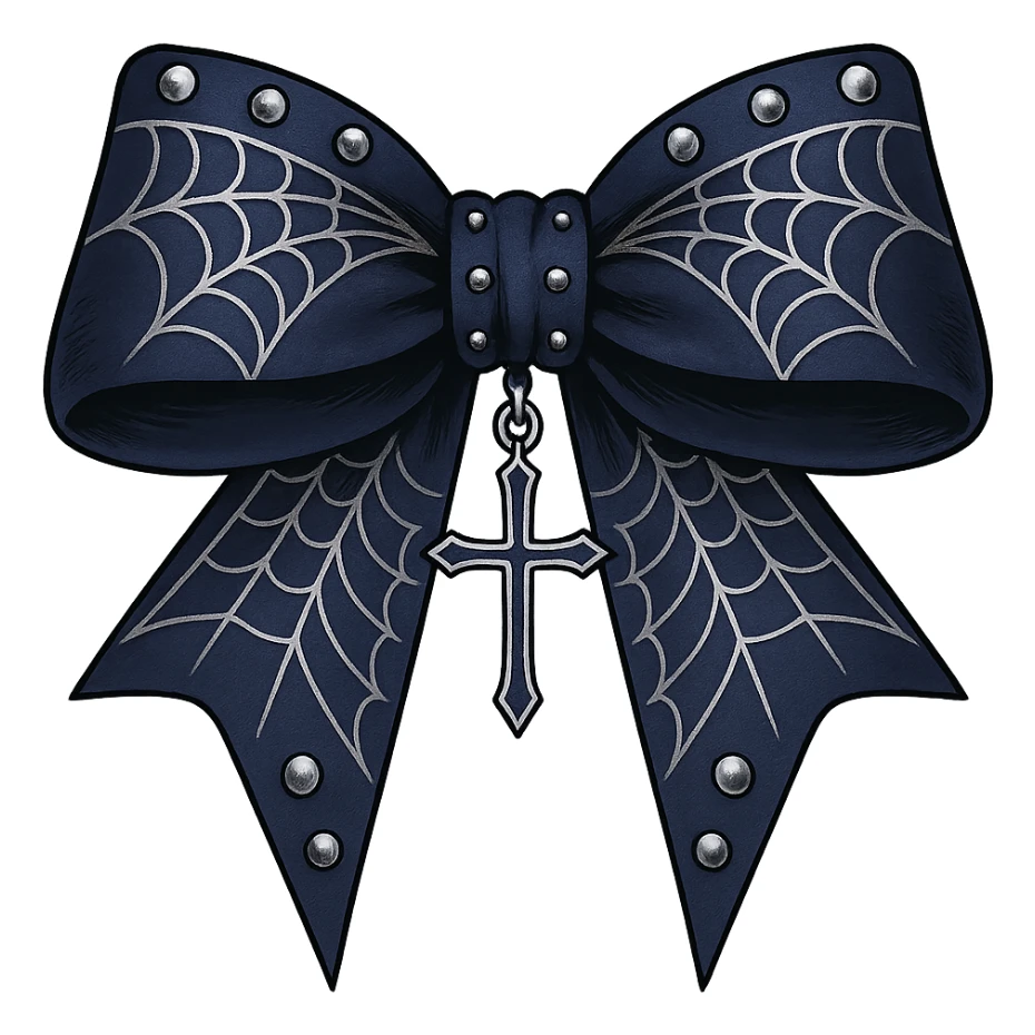 Edit the image to depict an oversized blue gothic bow with silver studs, spiderweb patterns, and a dangling cross. The background should be removed. Maintain a gothic style with bold silver and spiderweb details. sticker