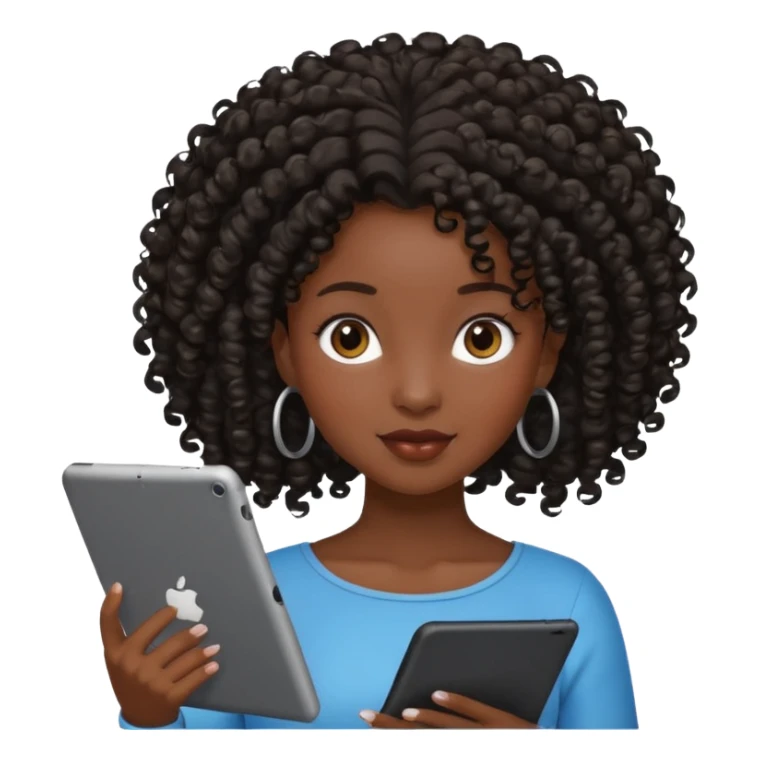Dark brown Black girl with curly ponytail holding ipad sticker