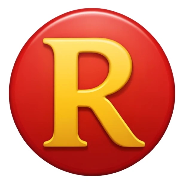 Círculo vermelho com a letra R estilizada em amarelo dentro sticker