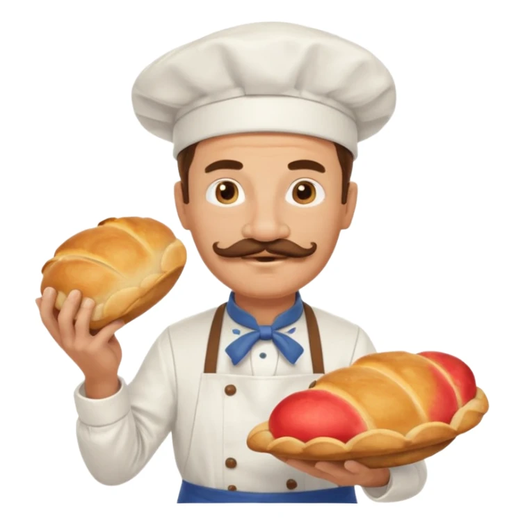 Middle aged male pastry chef - with a mustache, apron, white hat, holding bread sticker
