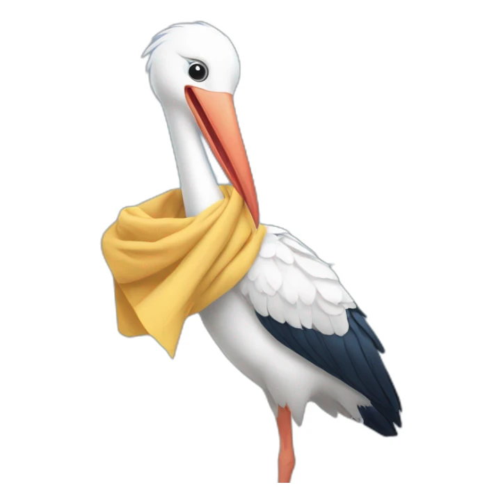 White stork carrying a blue bundle of cloth in its big beak that has a cute human person cute baby boy inside and his head is peeking from the fabric the strok is carrying in its beak sticker
