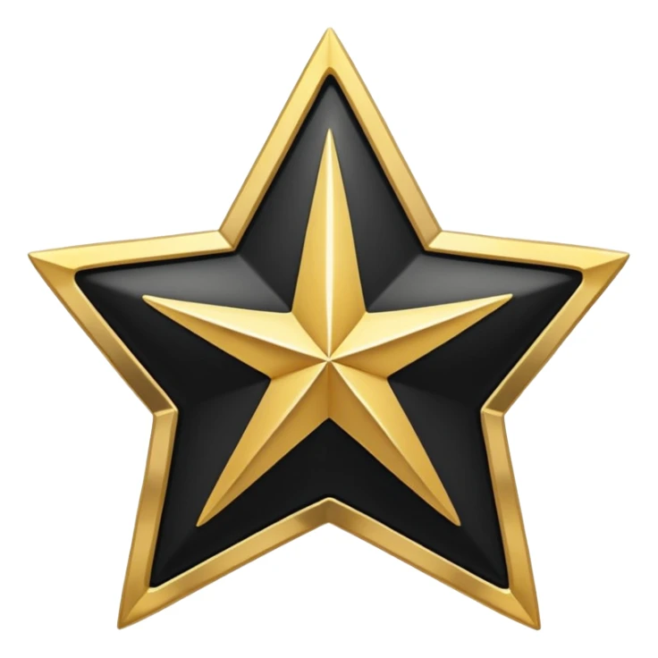 A clean and minimal digital vector graphic of a white five-pointed star centered on a black circular background, with a shiny gold ring border around the circle. The design should be flat, high-contrast, and suitable for use as a badge or emoji. sticker