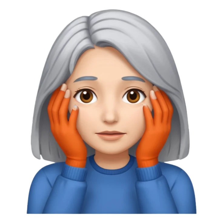 woman with gray hair and hand covering face sticker