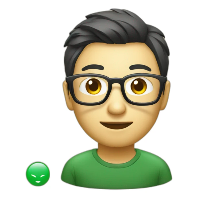 Chinese web developer, with glasses and a Vue.js logo T-shirt sticker