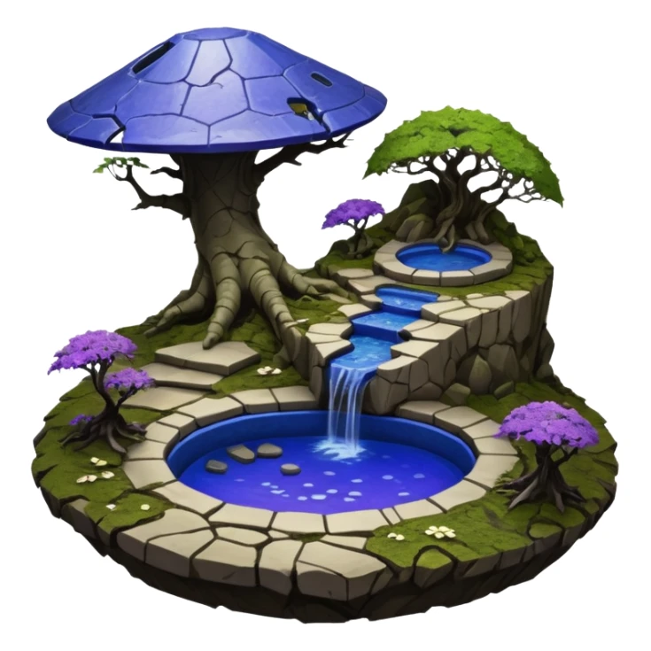 Crashed Alien saucer pool-castle jungle winding footpath mountainside getaway haunted nighttime landscape antique mudman very old broken cracked intricate Stone Age lapis-crusted irregular dodecagon-shaped shallow dark moss rough bark violet flowered maple tree bonsai sticker
