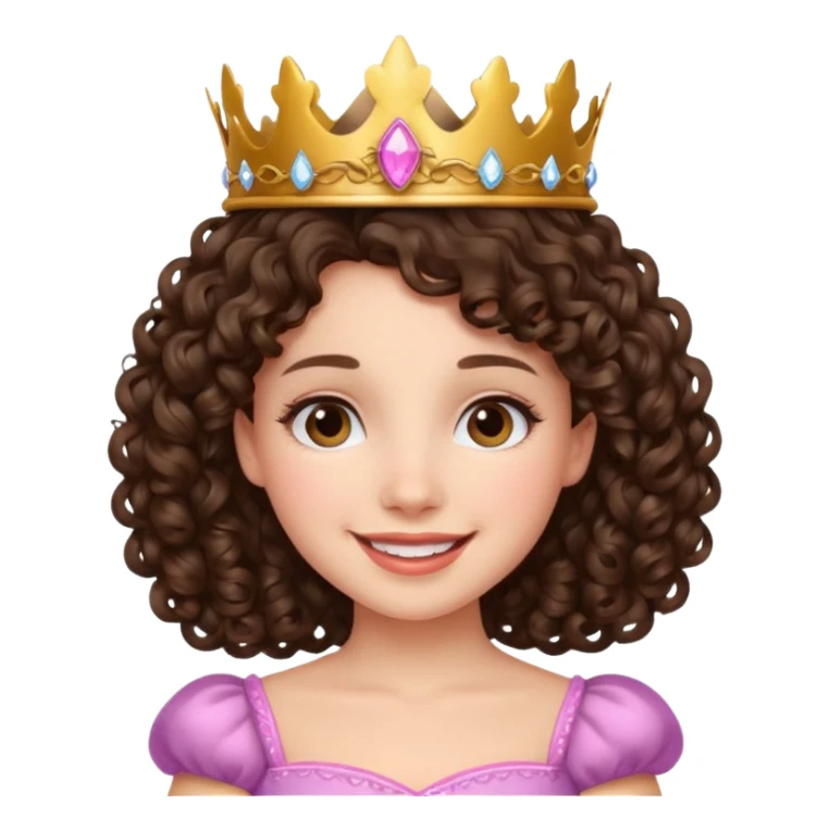 A brunette curly hair girl with a princess crown smiling gently. sticker