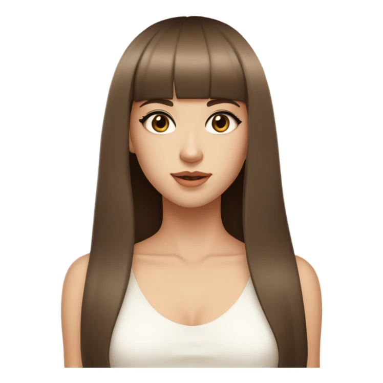 beautiful model, beige skin, light eyes, double eyelids, straight long brown hair, bangs, white top sticker