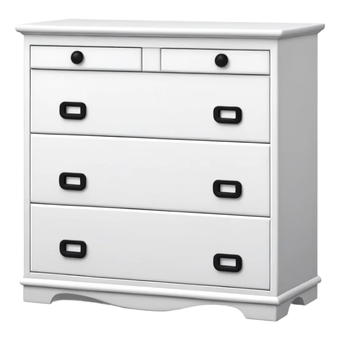 IKEA-inspired 4 feet depth white 6-drawer chest, one tiny black knob per drawer, stacked sticker