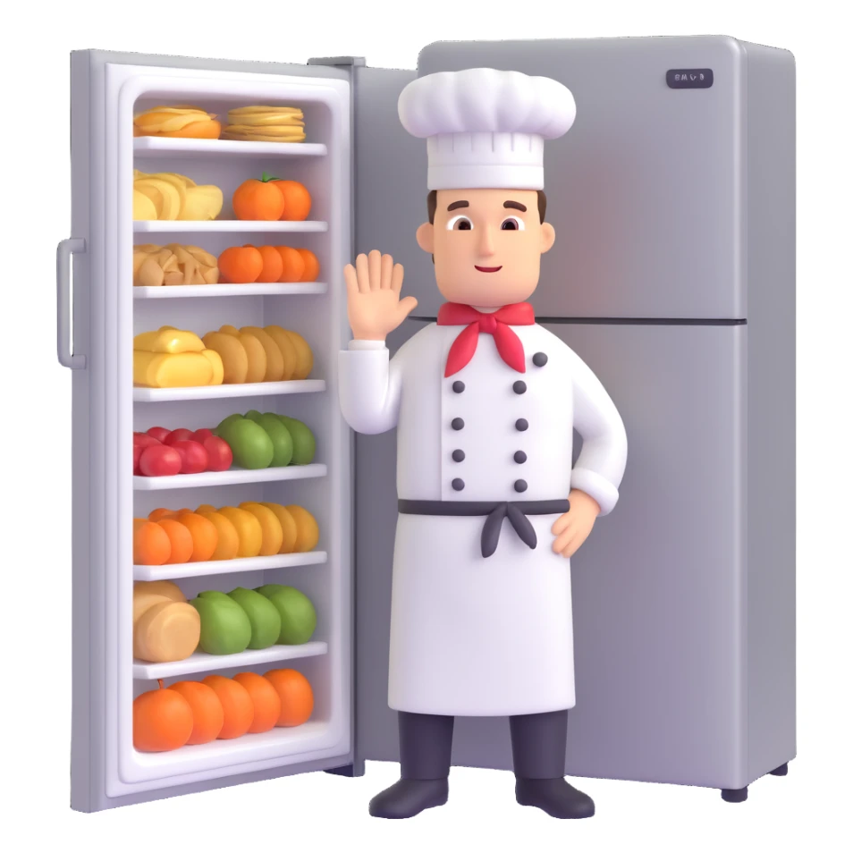 a chef in front of the fridge full of food sticker