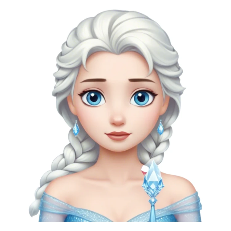 Cinematic Serene Snow Queen Portrait Emoji, rendered in a simplified vector style. Depict a gentle Elsa (chest and above) with delicate icy skin, softly cascading platinum hair, and calm, reflective blue eyes, dressed in her classic ice-blue gown. The image exudes a soft, luminous frosty radiance with high shine and a subtle glowing outline. sticker
