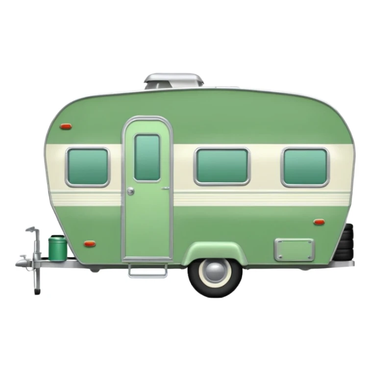 1960s Shasta trailer, single axle wheels, colored all green, the same green shade as movie trailer green preview card, light grey tires and grey hitch sticker