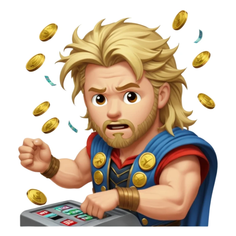 disheveled Thor losing money at a slot machine, panicked face, coins flying sticker