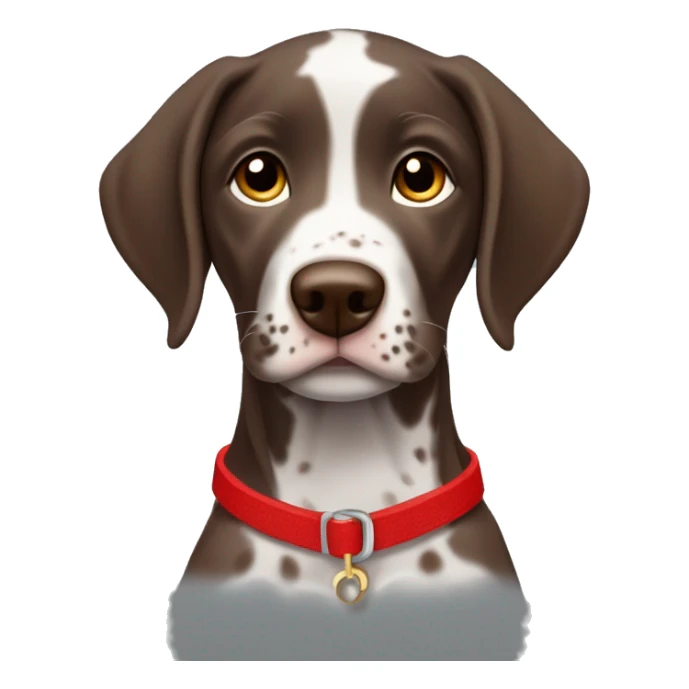Brown spotted German short haired pointer puppy with ticking with red collar  sticker