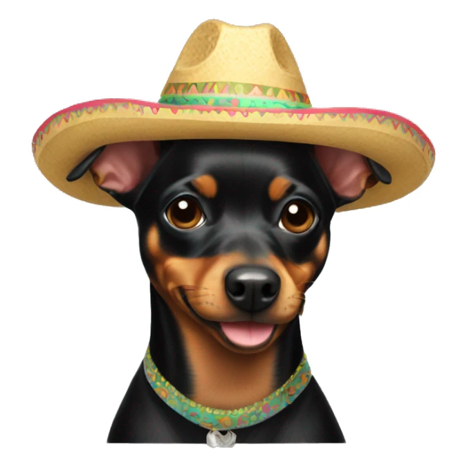 a black miniature pinscher wearing a sombrero sticker