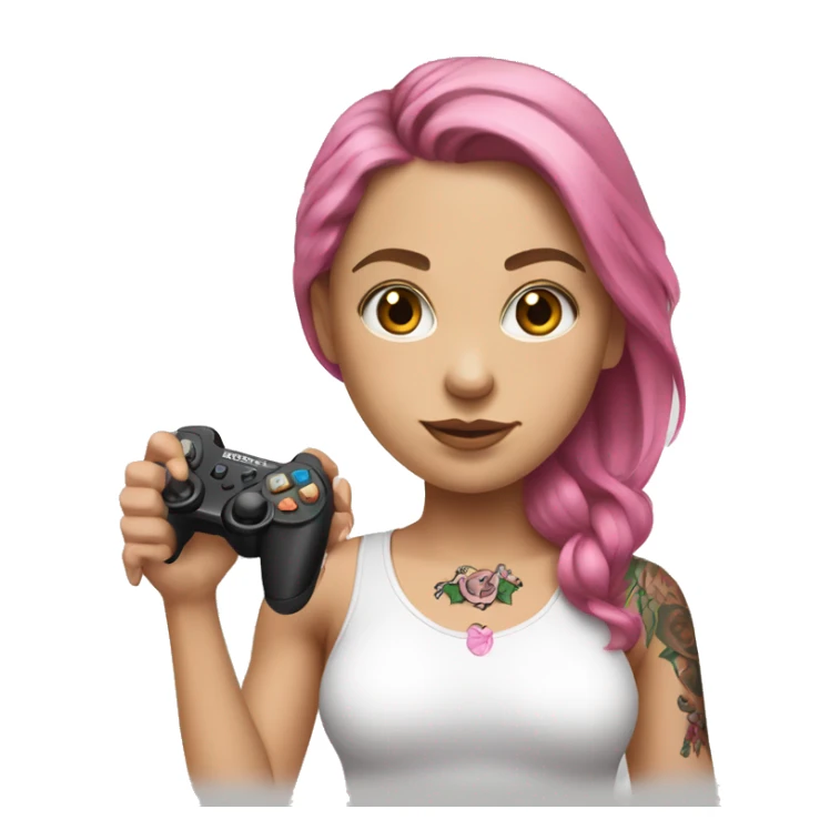 White girl with arm tattoo and brown hair holding a pink game controller sticker